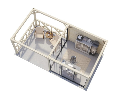 Draufsicht eines Gartenhauses mit Terrasse und Büroraum mit Schiebetüren und Büromöbeln