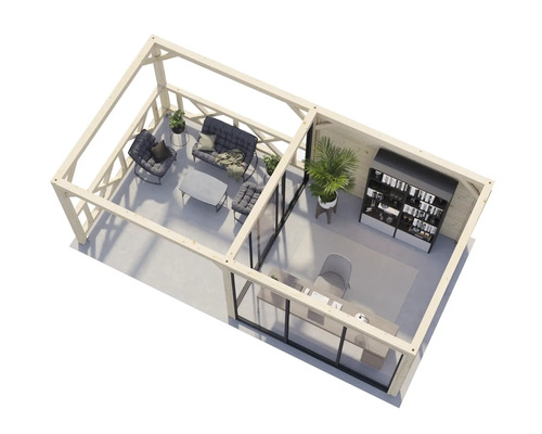 Helles Gartenhaus mit Terrasse, Sitzmöbeln und Büroausstattung