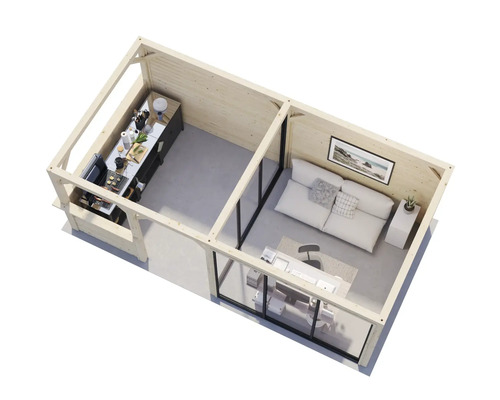 Innenansicht eines Holzhauses mit Küche und Wohnbereich