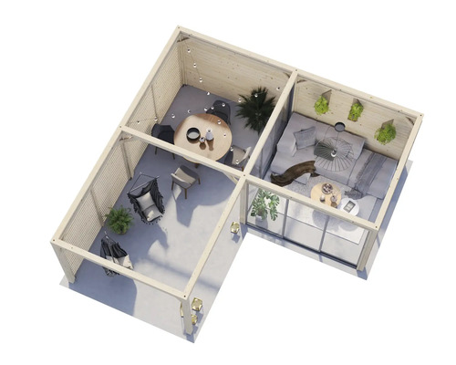 L-förmiger Pavillon mit Sitzbereich, Esstisch und Hängekörben