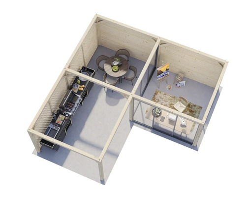 Innenansicht eines Gartenhauses mit Küche, Essbereich und Arbeitszimmer.