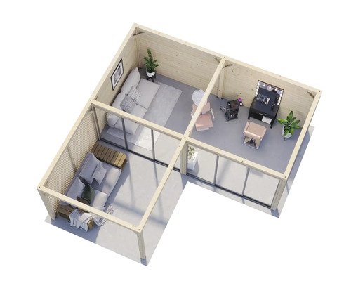 Illustration eines modernen Gartenhauses mit Wohnbereich und Salon