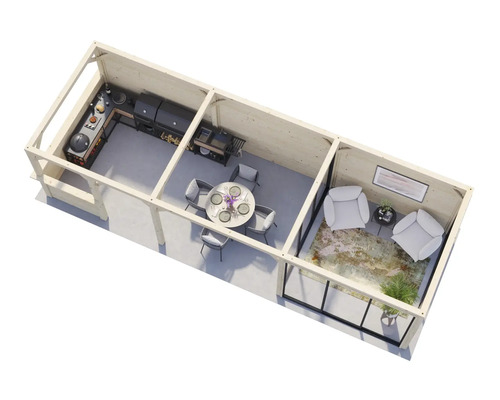 Draufsicht eines Holzpavillons mit Küche, Essbereich und Sitzecke