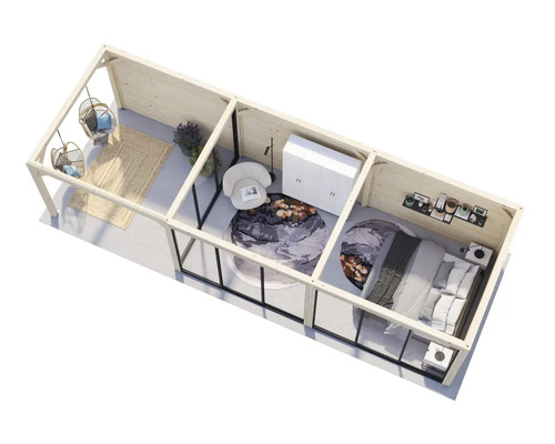 Holzhaus mit Wohnzimmer, Schlafzimmer und Terrasse