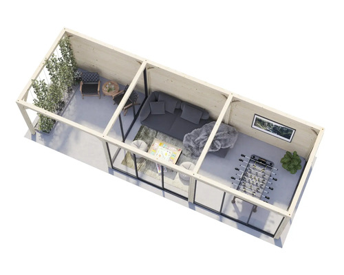 Draufsicht eines modernen Gartenhauses mit Terrasse, Wohnbereich und Spielzimmer