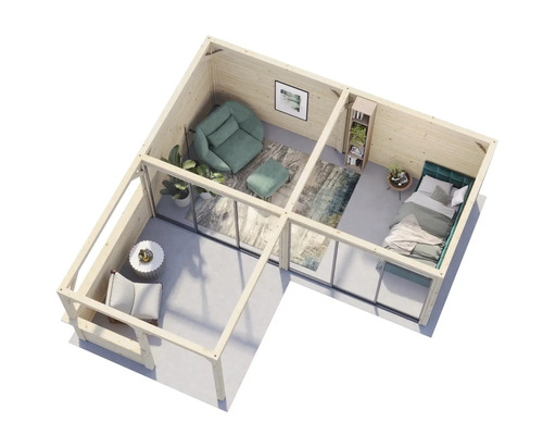 Draufsicht eines Holzhauses mit Wohnbereich, Schlafzimmer und Terrasse