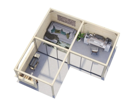 Illustration eines Gartenhauses mit Wohnbereich, Grillplatz und Büro