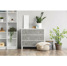 Kommode mit drei Schubladen, Regal und Zimmerpflanzen in einem hellen Raum.