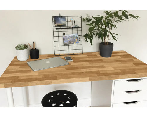 Arbeitsplatz mit Tischplatte in Holzoptik, Laptop, Pflanze und Büromaterialien