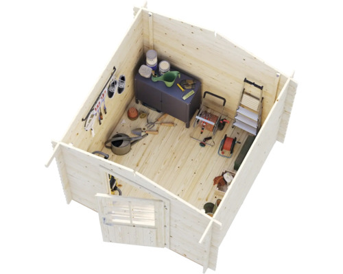 Holzgartenhaus mit Werkzeugen, Farben und Gartengeräten