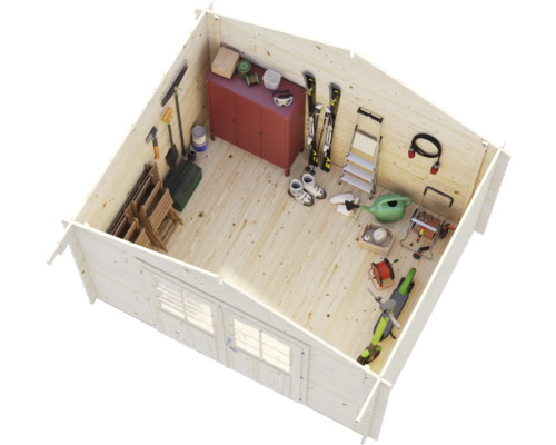 Innenansicht eines Holzgartenhauses mit Gartengeräten, Werkzeugen und Möbeln