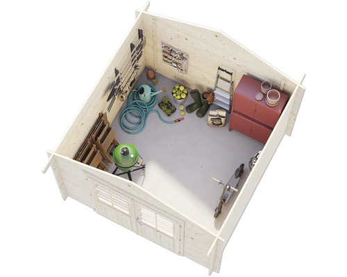 Innenansicht eines Gartenhauses mit Gartengeräten und Möbeln