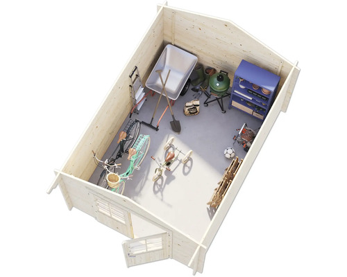 Innenraum eines Holzgartenhauses mit Fahrrädern, Schubkarre und Gartengeräten