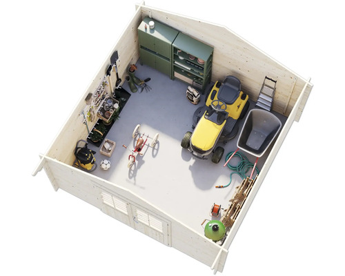 Illustration eines Gartenhauses mit Rasenmäher, Schubkarre, Gartengeräten und Aufbewahrungsschränken