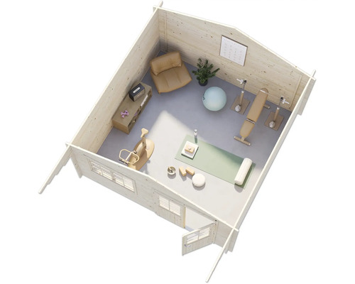 Innenansicht eines Gartenhauses mit Fitnessgeräten, Möbeln und Fenstern