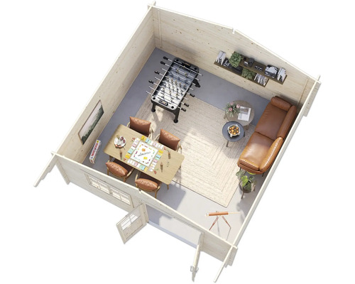 Innenansicht eines Holzhauses mit Tischfußball, Sofa, Tisch und Stühlen