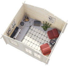 Innenansicht eines hellen Holzhauses mit Fenstern, Teppich, Sesseln und Musikinstrumenten