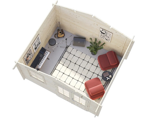 Holzgartenhaus eingerichtet als Musikzimmer mit Gitarre, Keyboard und Sesseln