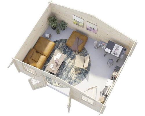 Innenansicht eines Holzgartenhauses mit Möbeln und Dekorationen, eingerichtet als Wohn- und Arbeitsbereich.