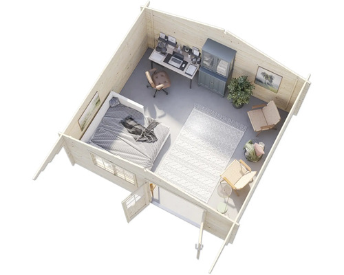 Innenansicht eines Holzhauses mit Schlafzimmer, Arbeitsbereich und Sitzecke