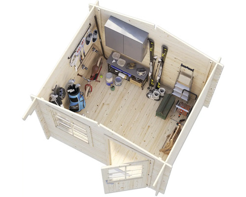 Holzgartenhaus Innenansicht mit Regalen, Sportgeräten und Werkzeugen