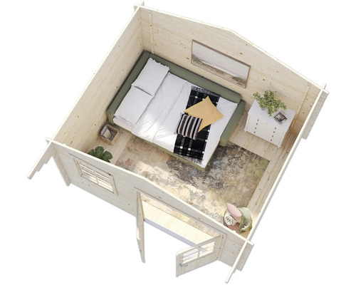 Innenansicht eines Holzhauses mit Bett und Möbeln