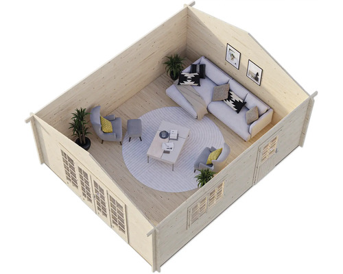 Holzgartenhaus mit Fenstern, Tür, Sofa, Sesseln und Tisch