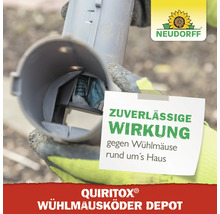 Quiritox Wühlmausköder Depot mit Neudorff Logo für zuverlässige Wirkung gegen Wühlmäuse rund ums Haus