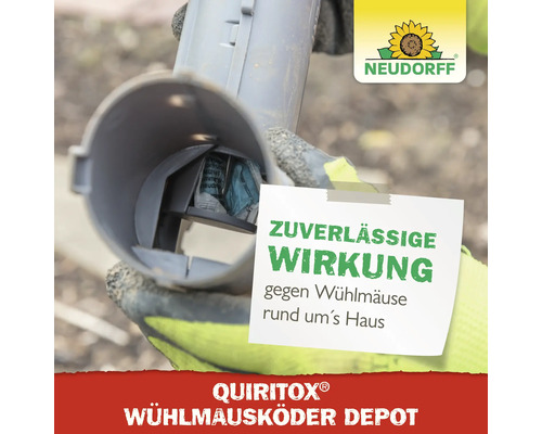 Quiritox Wühlmausköder Depot mit Neudorff Logo für zuverlässige Wirkung gegen Wühlmäuse rund ums Haus