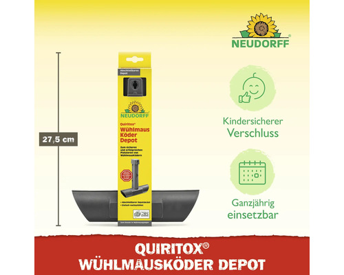 Neudorff Quiritox Wühlmausköder Depot zur Platzierung von Wühlmausködern mit kindersicherem Verschluss und Angabe der Höhe von 27,5 cm