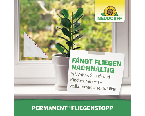 Aufnahme einer Fliegenfalle am Fenster mit Pflanze und Neudorff Logo