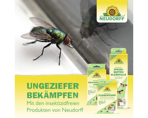 Neudorff Insektenbekämpfungsprodukte mit einer Fliege im Vordergrund.