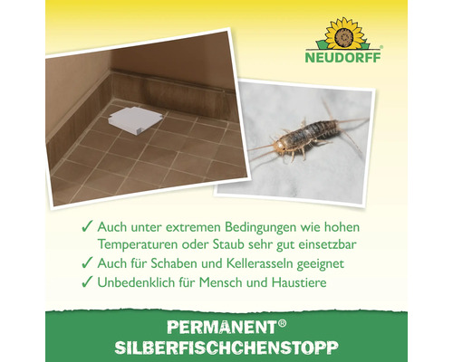 Neudorff Logo. Anwendung von Silberfischchenstopp im Badezimmer. Silberfischchen-Insekt.