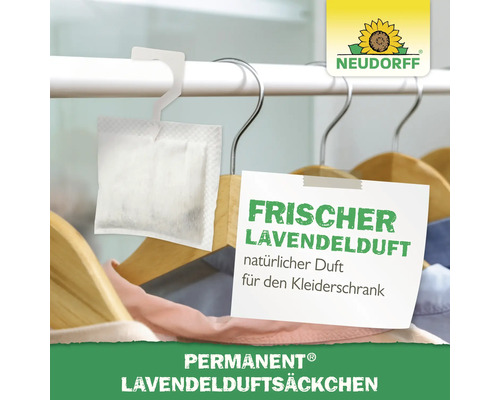 Neudorff Logo. Kleiderschrank mit Lavendelsäckchen zum Aufhängen.