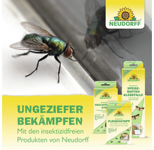 Neudorff Insektenbekämpfungsprodukte mit einer Fliege im Vordergrund.