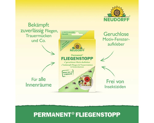 Neudorff Permanent Fliegenstopp zur zuverlässigen Bekämpfung von Fliegen und Trauermücken, geruchlose Motiv Fensteraufkleber für alle Innenräume, frei von Insektiziden.