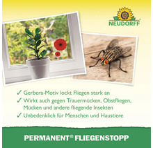 Neudorff Permanent Fliegenstopp Produktabbildung mit Fensteraufkleber und Fliege