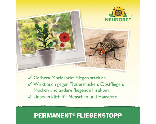 Neudorff Permanent Fliegenstopp Produktabbildung mit Fensteraufkleber und Fliege