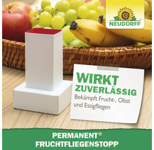 Permanent Fruchtfliegenstopp vor Früchten und Neudorff Logo