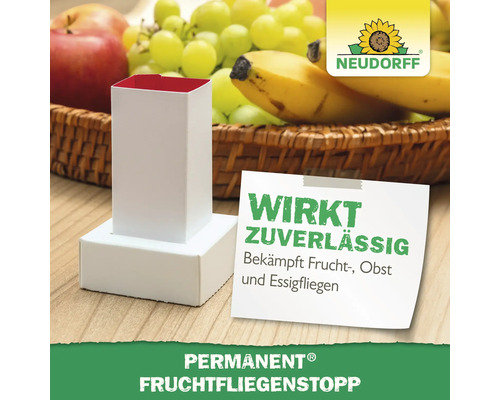 Permanent Fruchtfliegenstopp vor Früchten und Neudorff Logo