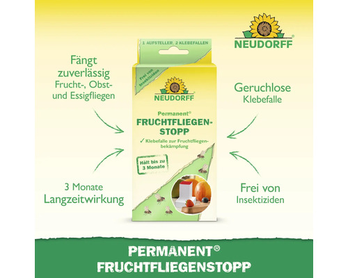 Neudorff Permanent Fruchtfliegenstopp Packung zur zuverlässigen Bekämpfung von Frucht-, Obst- und Essigfliegen. Geruchlose Klebefalle, insektizidfrei mit Langzeitwirkung.