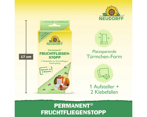 Neudorff Permanent Fruchtfliegenstopp Packung mit Klebefallen und Aufsteller, Höhe 17 cm