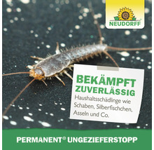 Silberfischchen neben Neudorff Logo und Hinweis zur zuverlässigen Bekämpfung von Haushaltsschädlingen