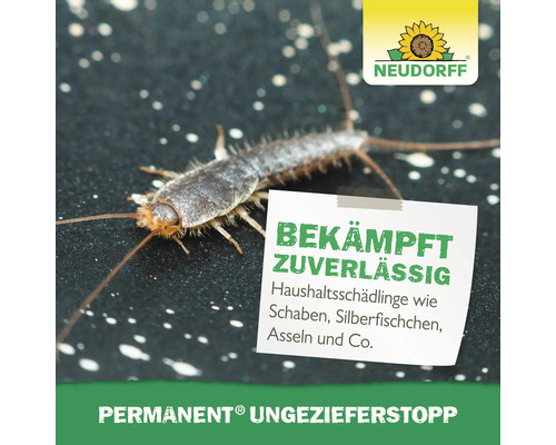Silberfischchen neben Neudorff Logo und Hinweis zur zuverlässigen Bekämpfung von Haushaltsschädlingen
