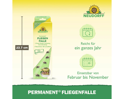 Neudorff Permanent Fliegenfalle mit einer Höhe von 23,7 cm, die Fliegen nachhaltig fängt und von Februar bis November eingesetzt werden kann.