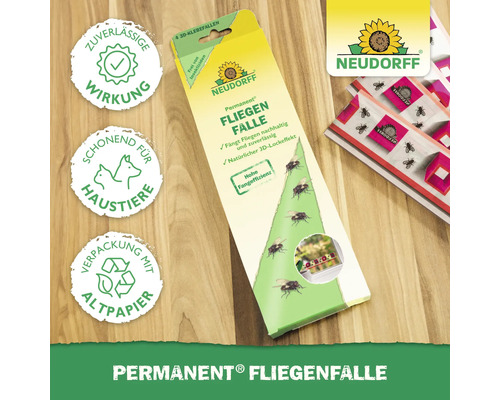 Neudorff Permanent Fliegenfalle Packung mit Symbolen für zuverlässige Wirkung, Schonung von Haustieren und Altpapierverpackung