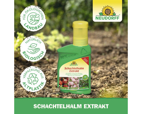 Neudorff Schachtelhalm Extrakt in grüner Flasche mit Hinweisen zu ökologischem Landbau und Recycling