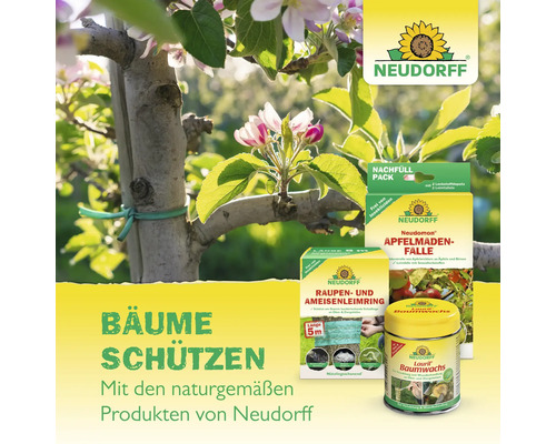 Neudorff products for tree protection with tree blossom in the background