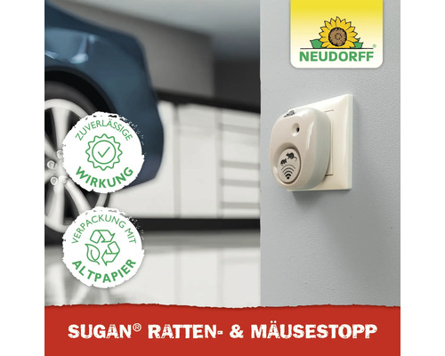 Sugan Ratten- und Mäusestopp mit Neudorff Logo. Zuverlässige Wirkung und Verpackung aus Altpapier.