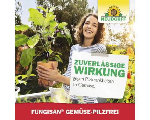 Frau hält Topf mit Auberginenpflanze und Schild mit dem Text Zuverlässige Wirkung gegen Pilzkrankheiten an Gemüse in die Kamera, Neudorff Logo